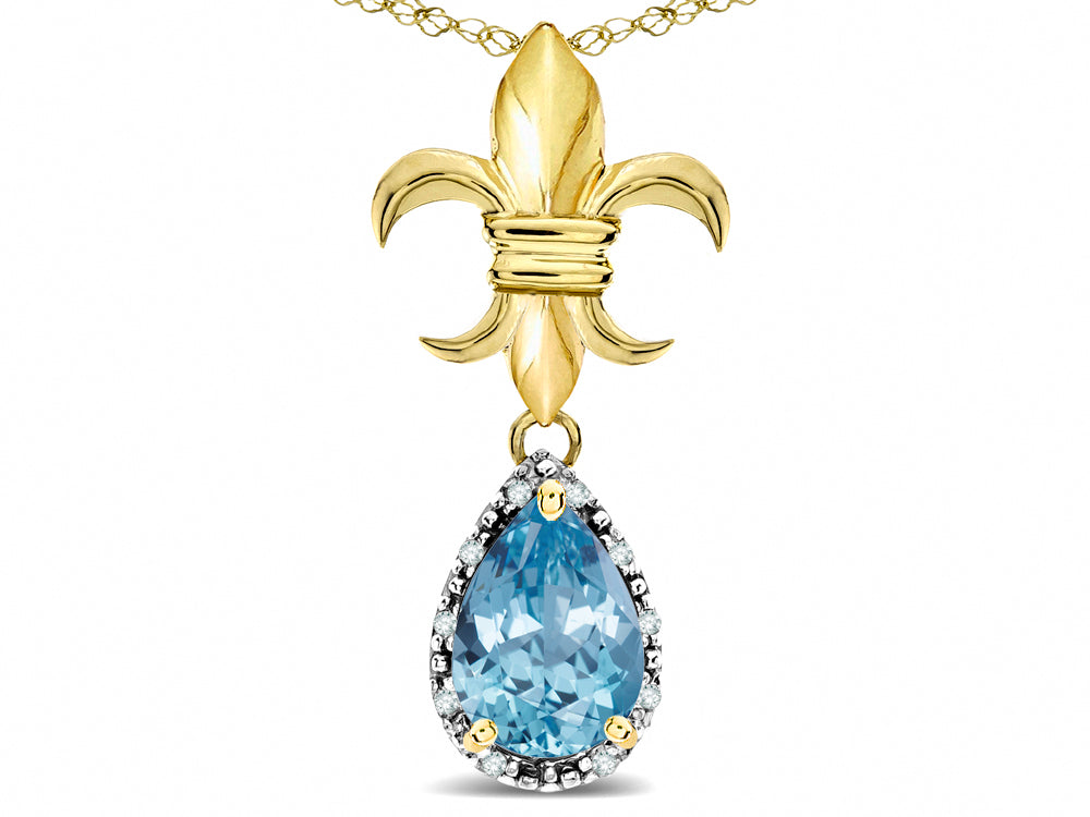 Star K  Pear Shape 8x6mm Simulated Aquamarine Fleur De Lis Pendant Necklace 18k Yellow Gold