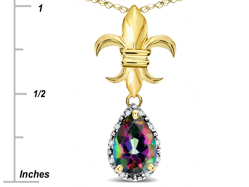 Star K  Pear Shape 8x6mm Rainbow Mystic Topaz Fleur De Lis Pendant Necklace 18k Yellow Gold