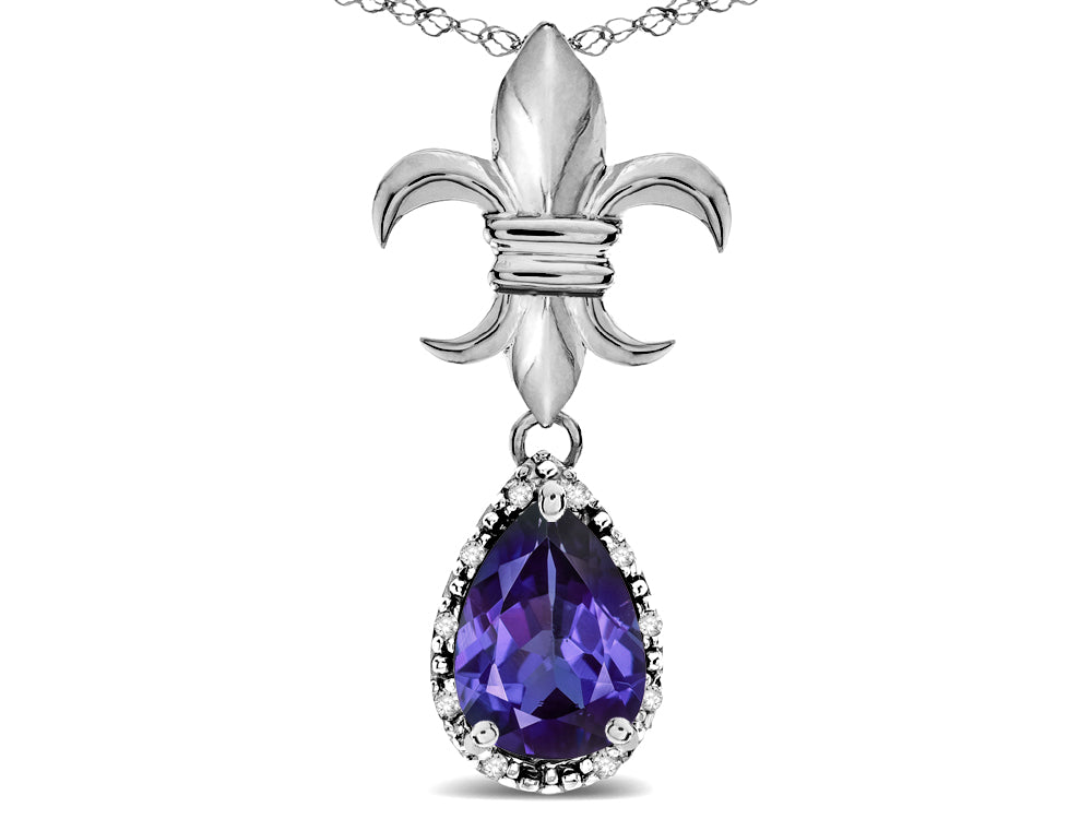 Star K  Pear Shape 8x6mm Genuine Iolite Fleur De Lis Pendant Necklace 18k White Gold