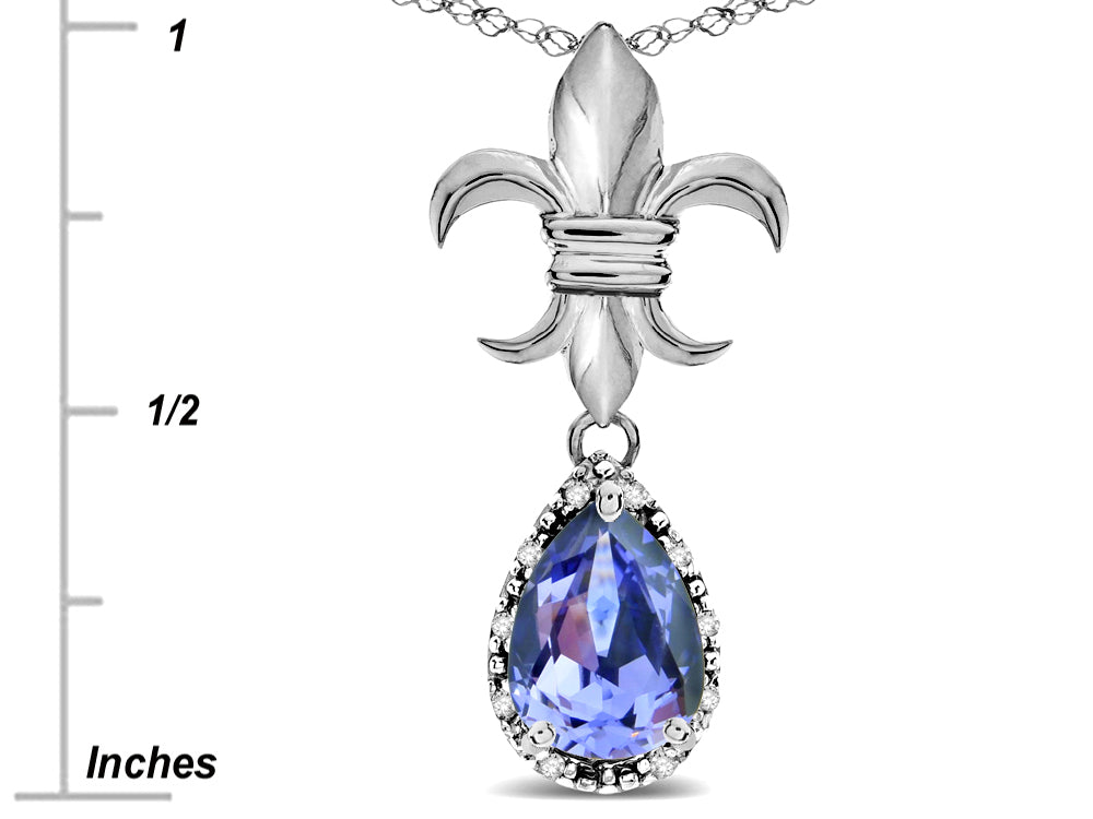 Star K  Pear Shape 8x6mm Genuine Tanzanite Fleur De Lis Pendant Necklace 18k White Gold