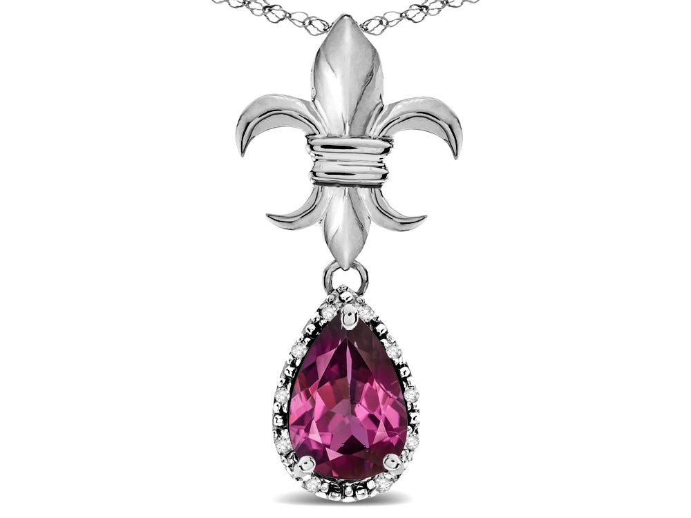 Star K  Pear Shape 8x6mm Genuine Rhodolite Fleur De Lis Pendant Necklace 18k White Gold