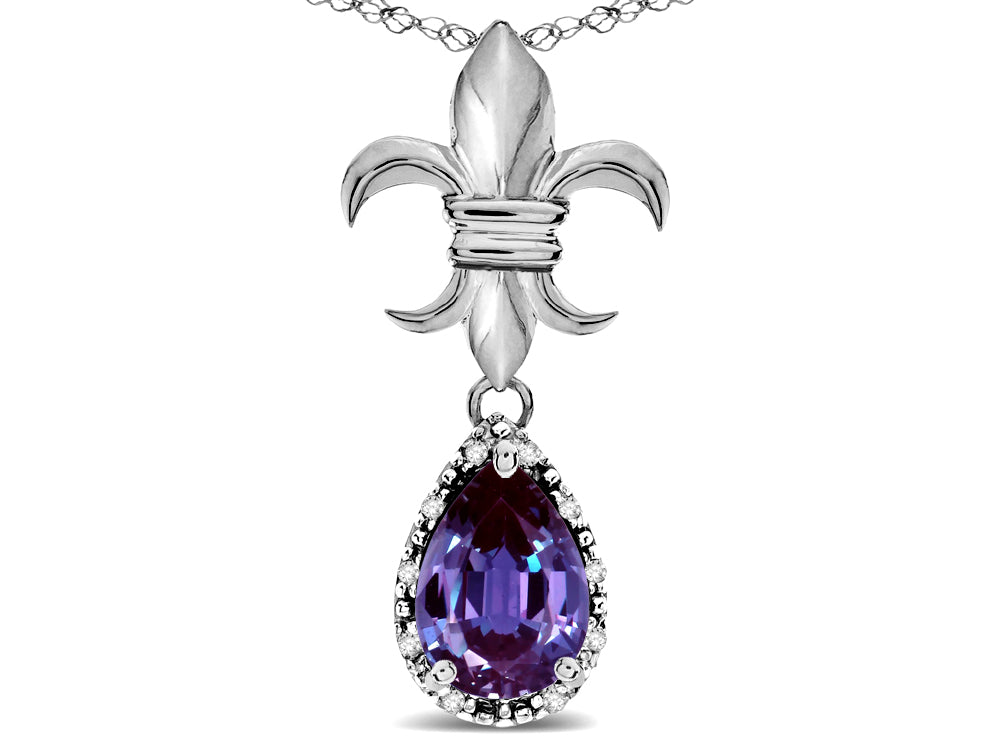 Star K  Pear Shape 8x6mm Simulated Alexandrite Fleur De Lis Pendant Necklace 18k White Gold