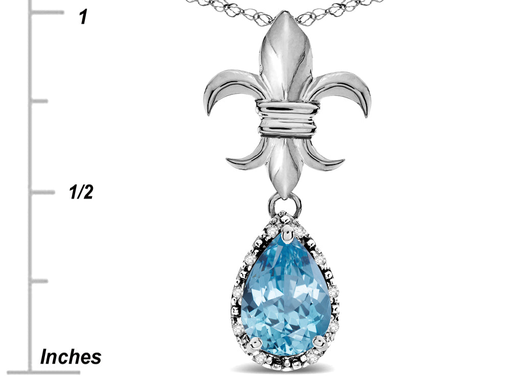 Star K  18k White Gold Pear Shape 8x6mm Simulated Aquamarine Fleur De Lis Pendant Necklace
