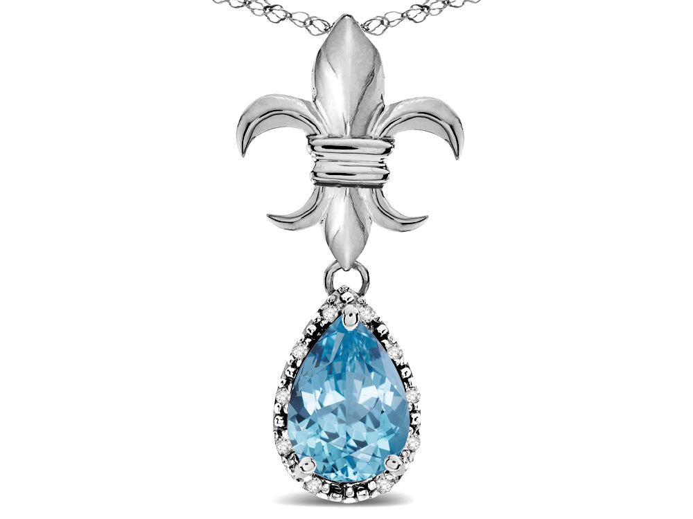 Star K  18k White Gold Pear Shape 8x6mm Simulated Aquamarine Fleur De Lis Pendant Necklace