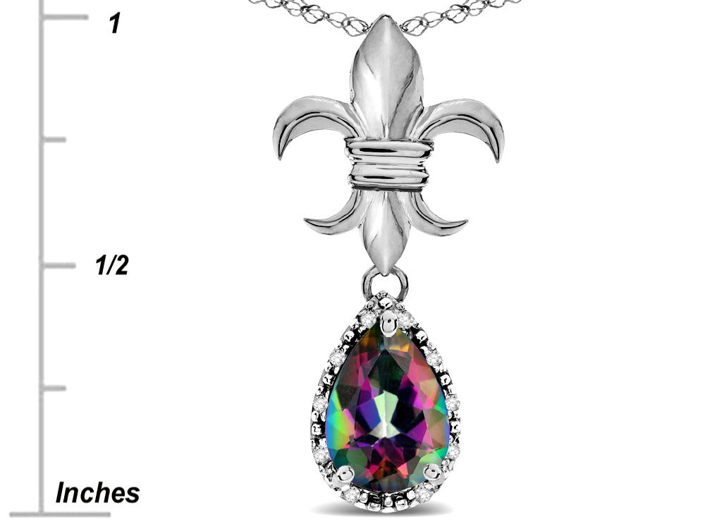 Star K  Pear Shape 8x6mm Rainbow Mystic Topaz Fleur De Lis Pendant Necklace 18k White Gold
