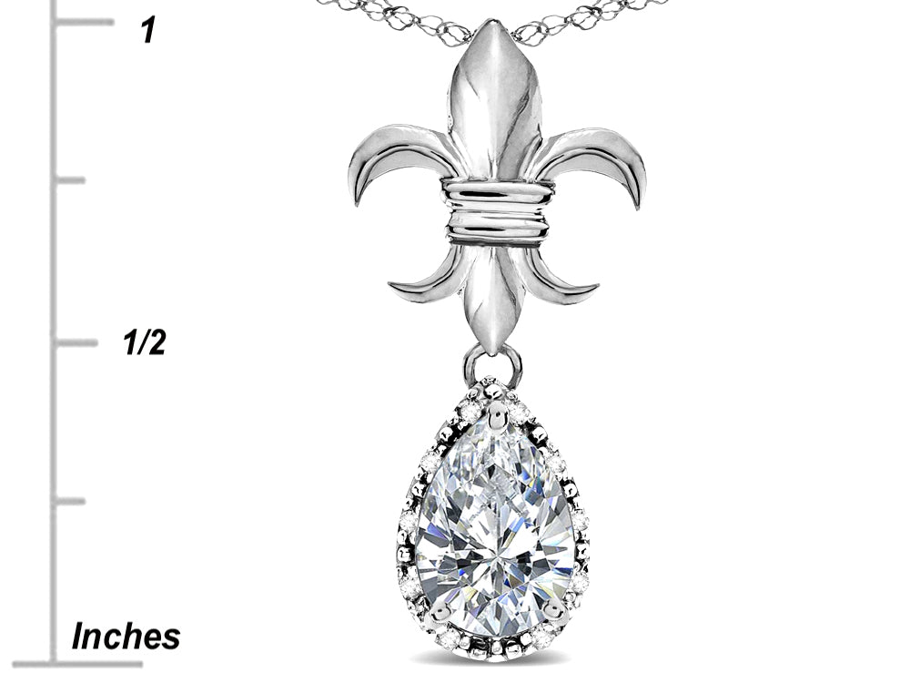 Star K  Pear Shape 8x6mm Genuine White Topaz Fleur De Lis Pendant Necklace 18k White Gold