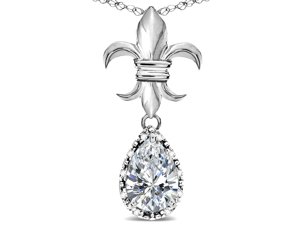 Star K  Pear Shape 8x6mm Genuine White Topaz Fleur De Lis Pendant Necklace 18k White Gold