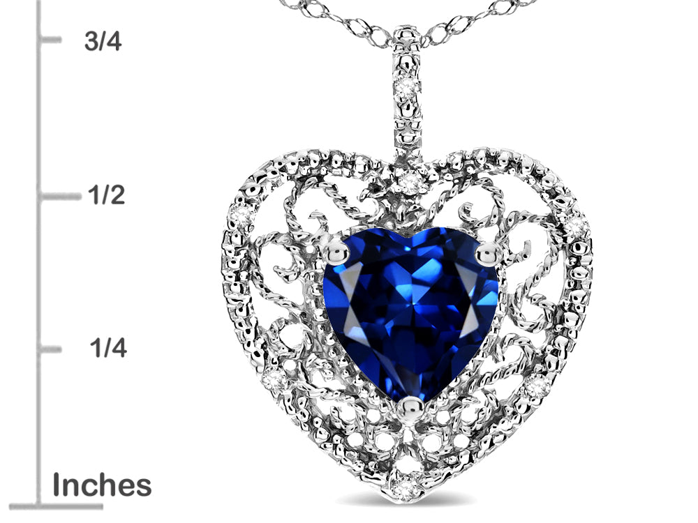 Star K Heart Shape 8mm Created Sapphire filigree Heart Pendant Necklace