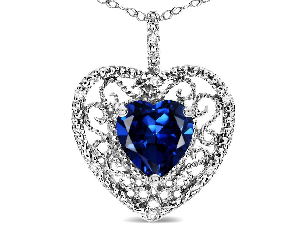 Star K Heart Shape 8mm Created Sapphire filigree Heart Pendant Necklace
