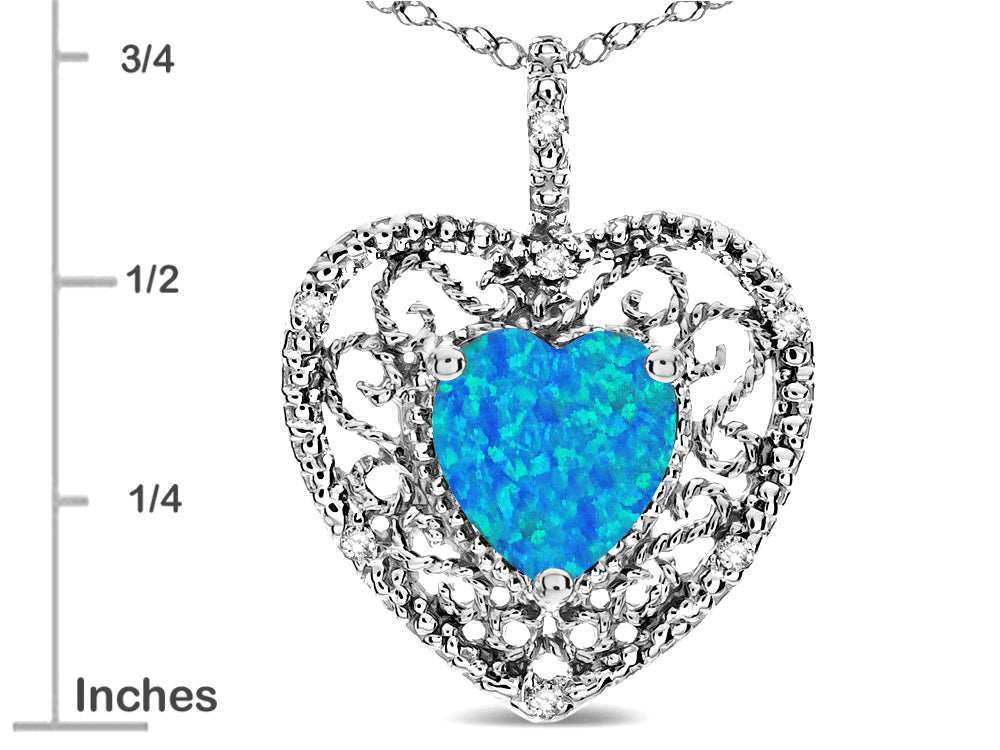 Star K Heart Shape 8mm Blue Created Opal filigree Heart Pendant Necklace