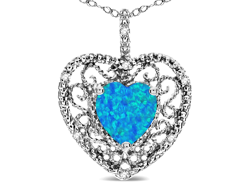 Star K Heart Shape 8mm Blue Created Opal filigree Heart Pendant Necklace