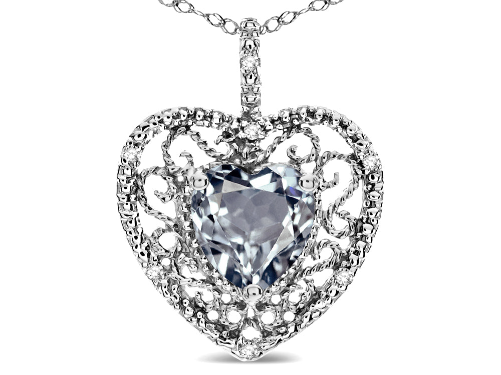 Star K Heart Shape 8mm Genuine Aquamarine filigree Heart Pendant Necklace 10k White Gold
