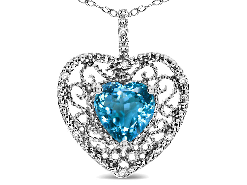 Star K Heart Shape 8mm Genuine Blue Topaz filigree Heart Pendant Necklace 10k White Gold