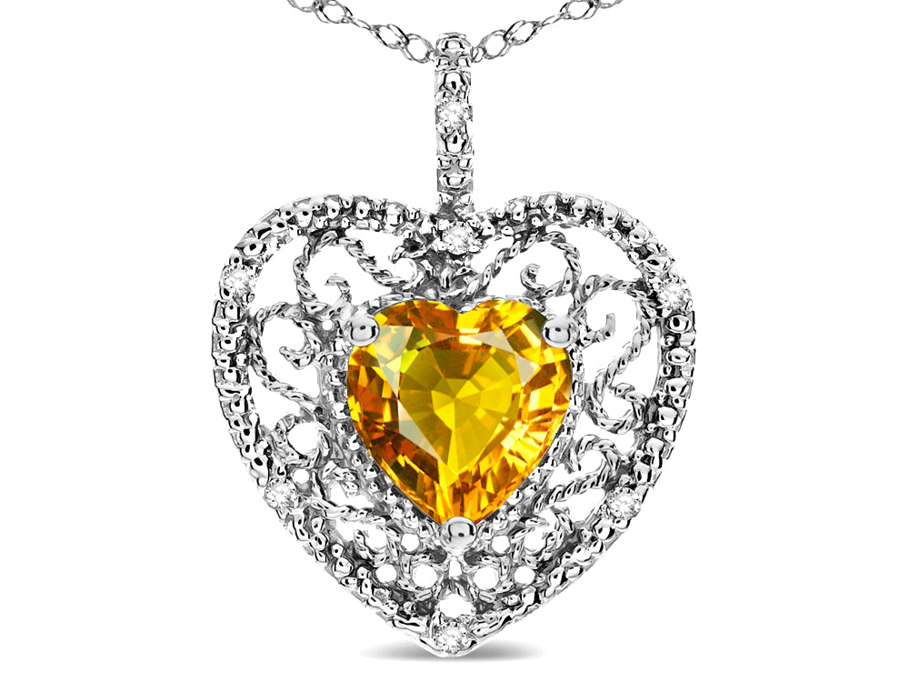 Star K Heart Shape 8mm Genuine Citrine filigree Heart Pendant Necklace 10k White Gold