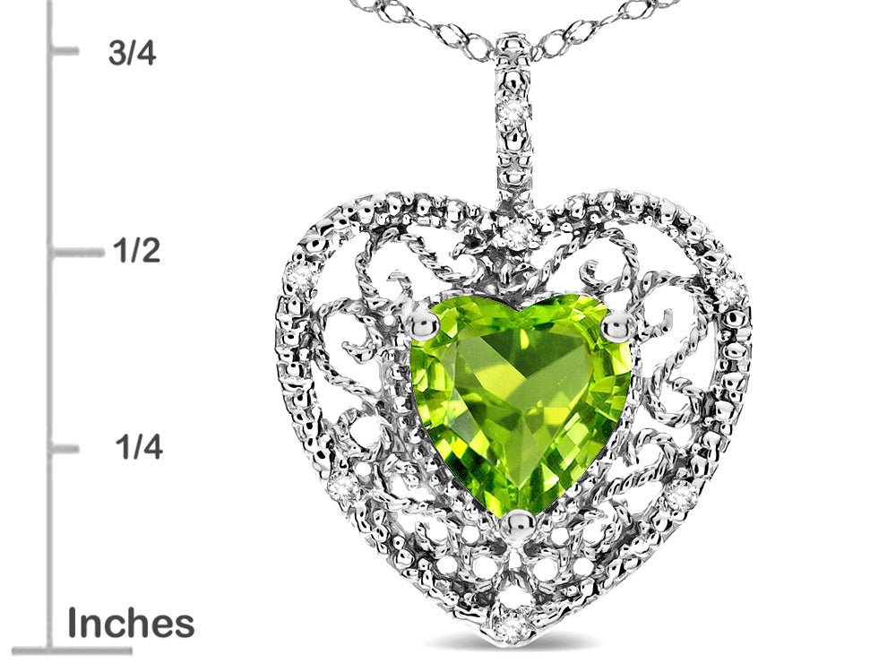Star K Heart Shape 8mm Genuine Peridot filigree Heart Pendant Necklace 10k White Gold