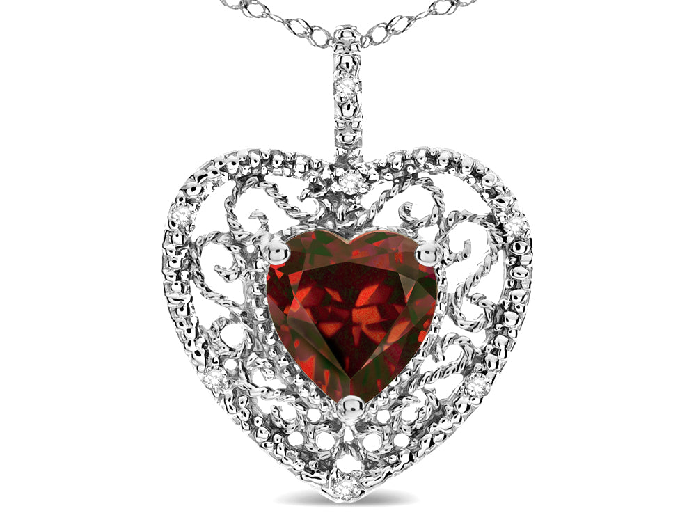 Star K Heart Shape 8mm Genuine Garnet filigree Heart Pendant Necklace 10k White Gold