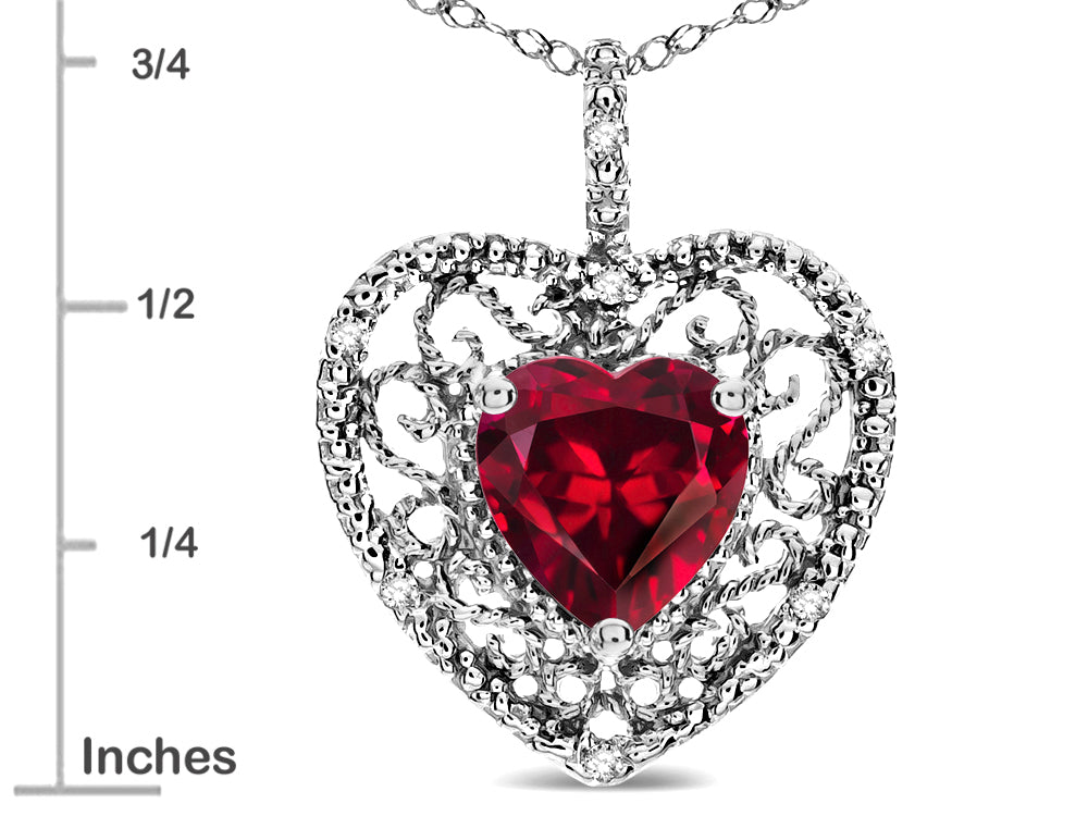 Star K Heart Shape 8mm Created Ruby filigree Heart Pendant Necklace 10k White Gold