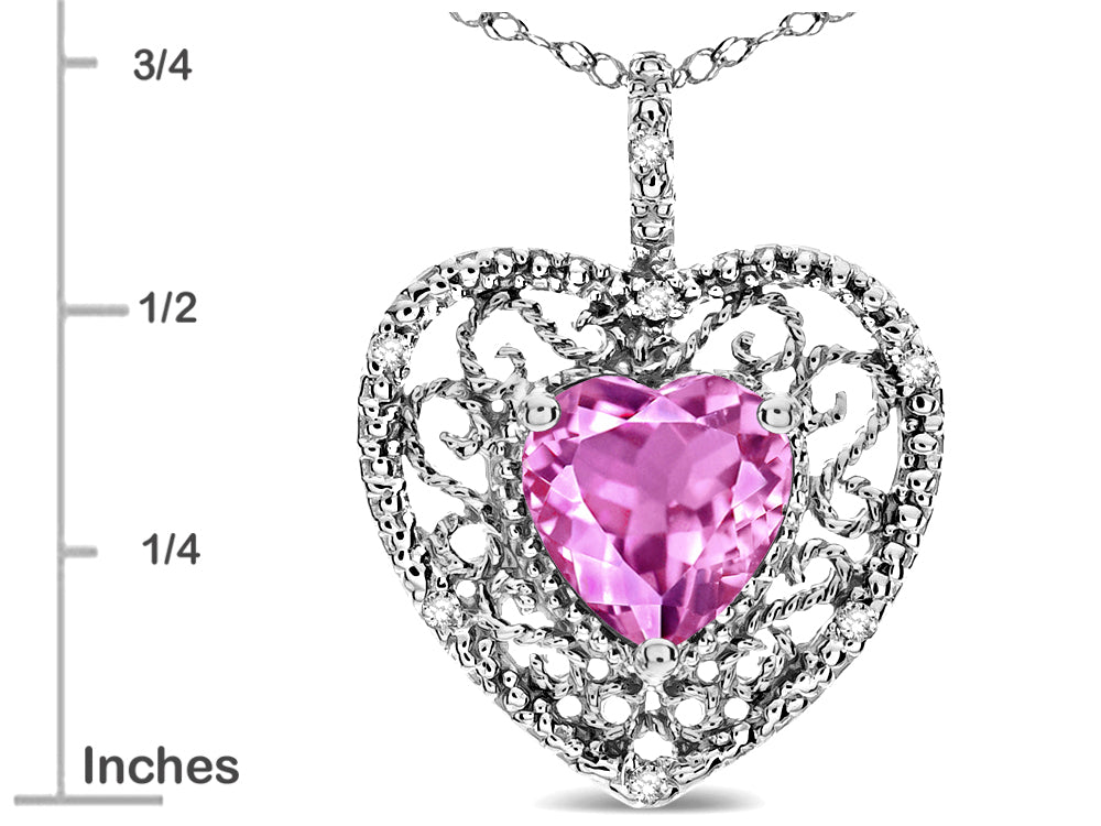 Star K Heart Shape 8mm Created Pink Sapphire filigree Heart Pendant Necklace 10k White Gold
