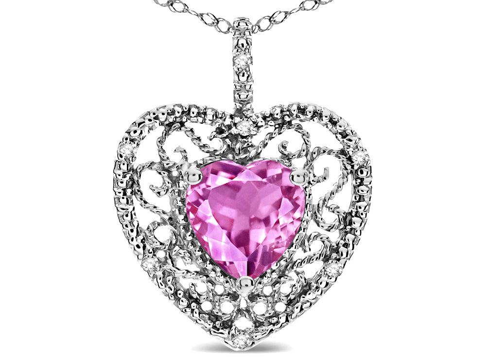 Star K Heart Shape 8mm Created Pink Sapphire filigree Heart Pendant Necklace 10k White Gold