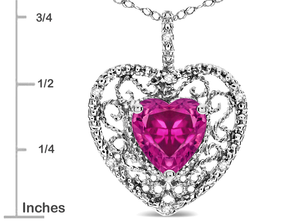 Star K Heart Shape 8mm Simulated Pink Tourmaline filigree Heart Pendant Necklace 10k White Gold
