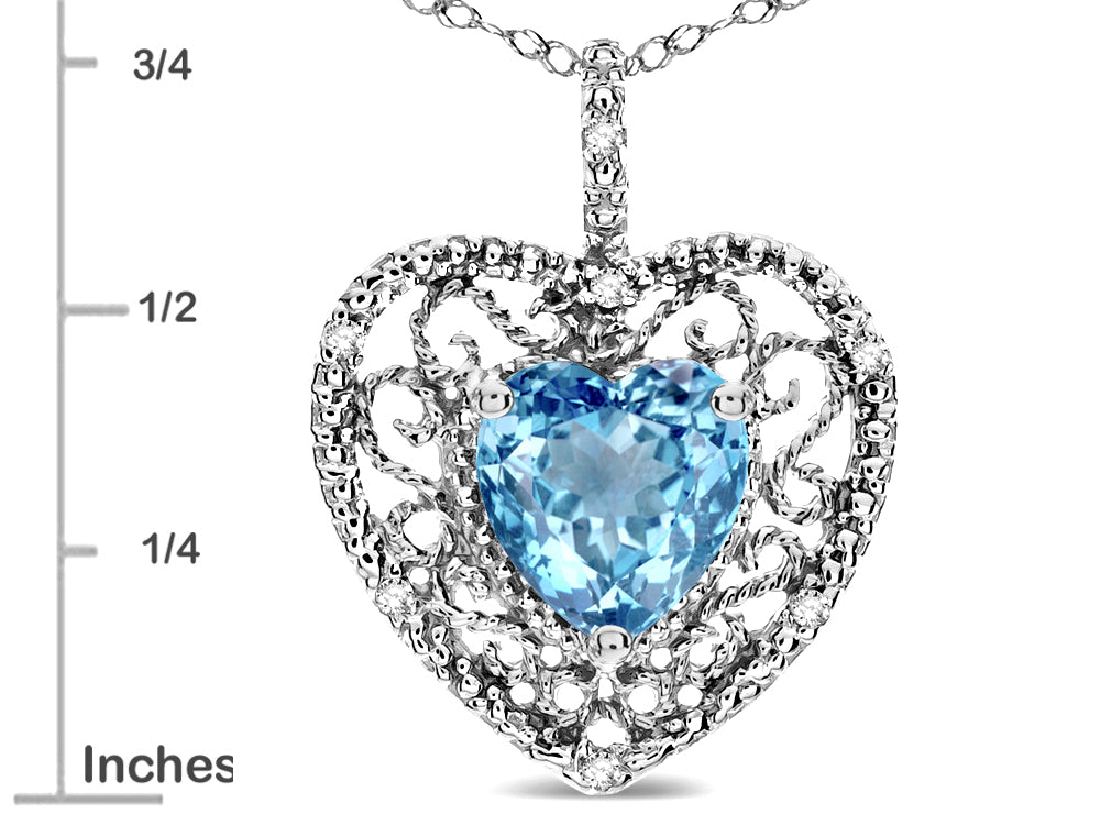 Star K Heart Shape 8mm Simulated Aquamarine filigree Heart Pendant Necklace 10k White Gold