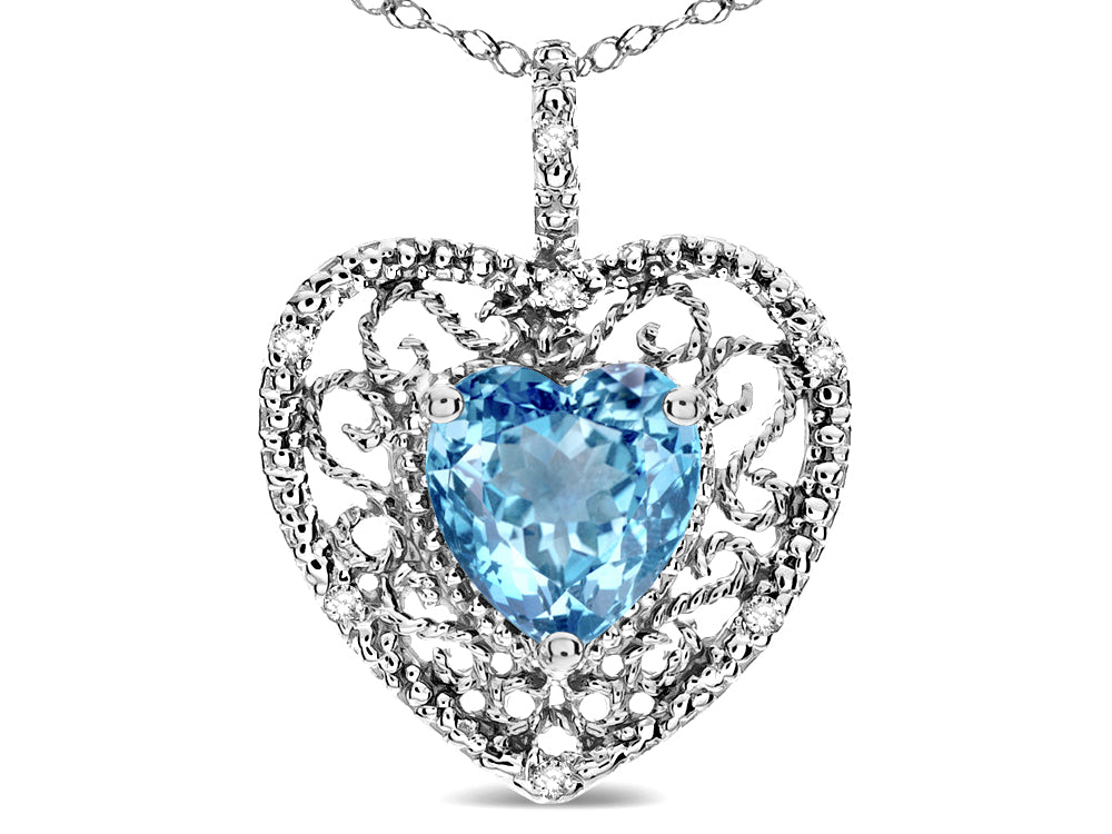 Star K Heart Shape 8mm Simulated Aquamarine filigree Heart Pendant Necklace 10k White Gold
