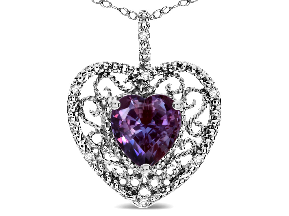 Star K Heart Shape 8mm Simulated Alexandrite filigree Heart Pendant Necklace 10k White Gold