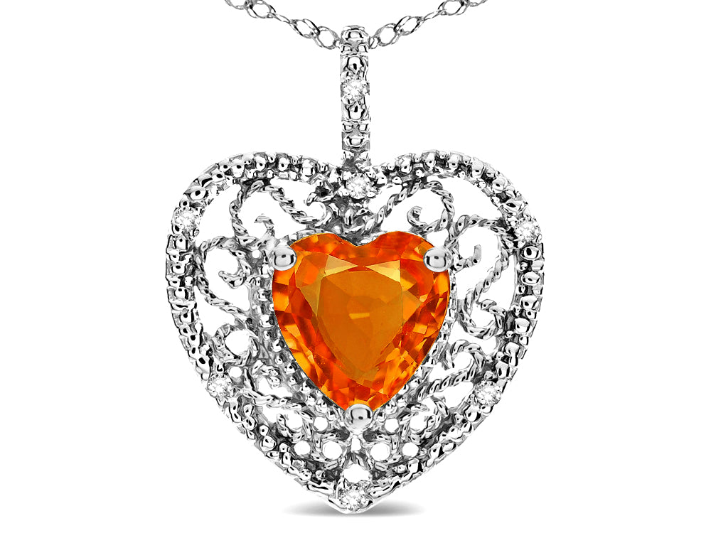 Star K Heart Shape 8mm Simulated Orange Mexican Fire Opal filigree Heart Pendant Necklace 10k White Gold