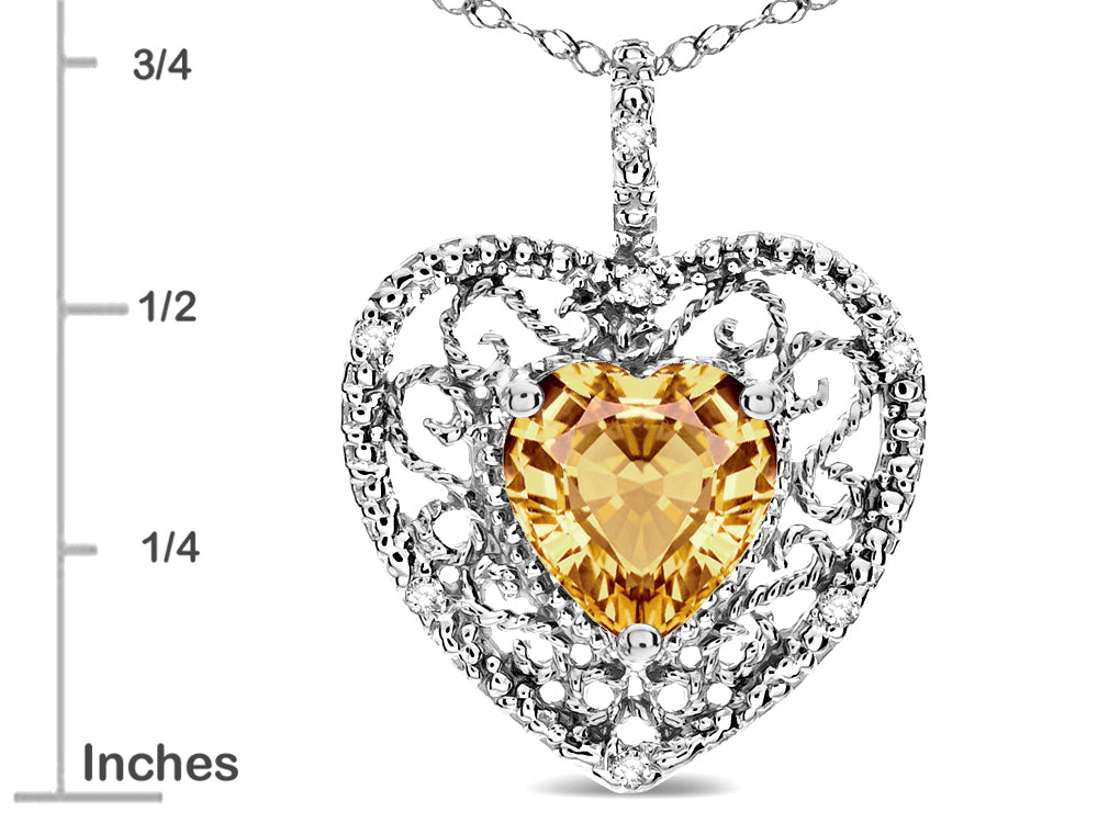Star K Heart Shape 8mm Simulated Imperial Yellow Topaz filigree Heart Pendant Necklace 10k White Gold