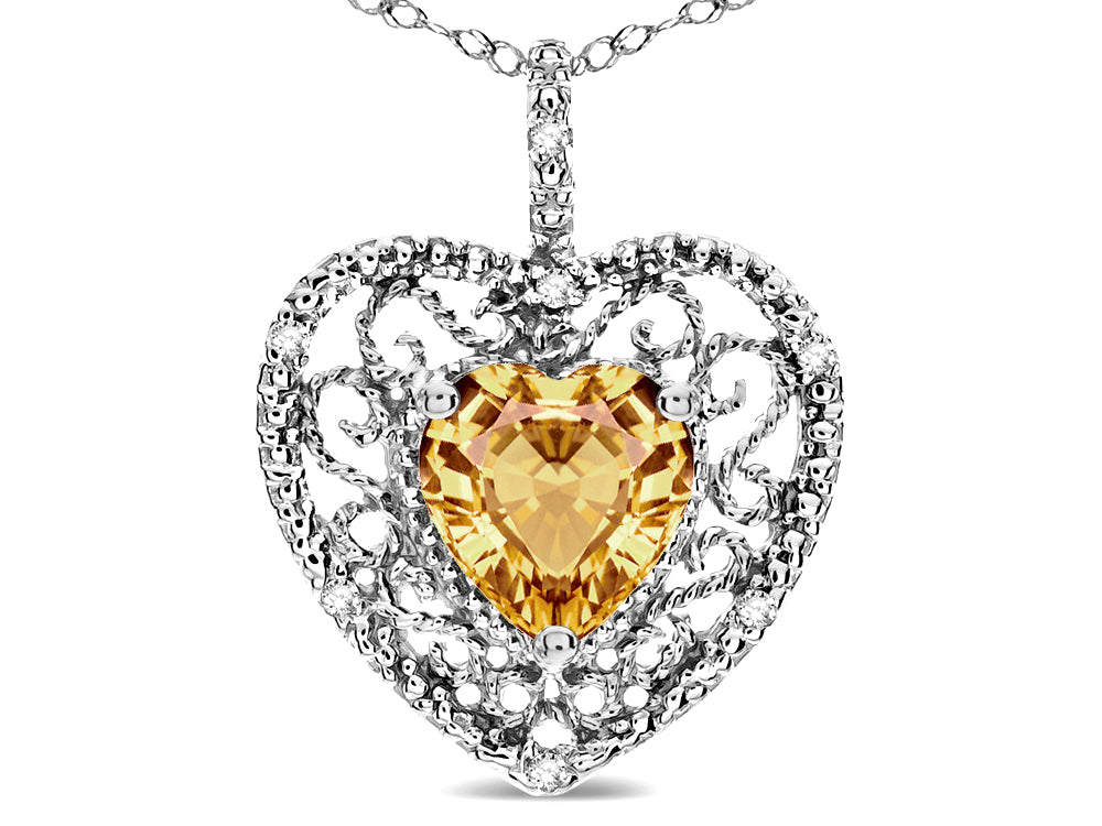 Star K Heart Shape 8mm Simulated Imperial Yellow Topaz filigree Heart Pendant Necklace 10k White Gold