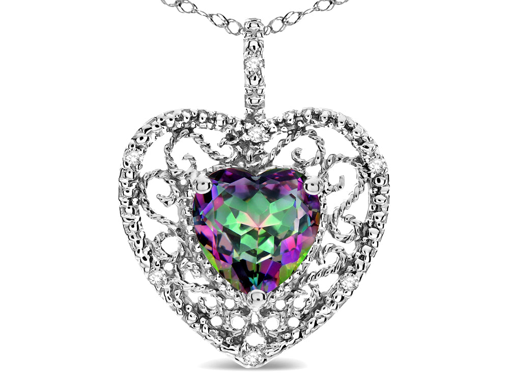Star K Heart Shape 8mm Rainbow Mystic Topaz filigree Heart Pendant Necklace 10k White Gold
