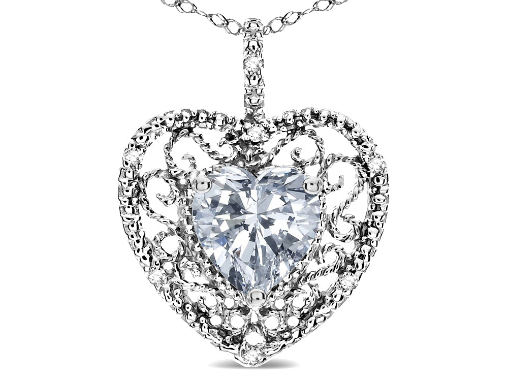 Star K Heart Shape 8mm Genuine White Topaz filigree Heart Pendant Necklace 10k White Gold