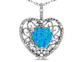 Star K Heart Shape 8mm Blue Created Opal filigree Heart Pendant Necklace 10k White Gold