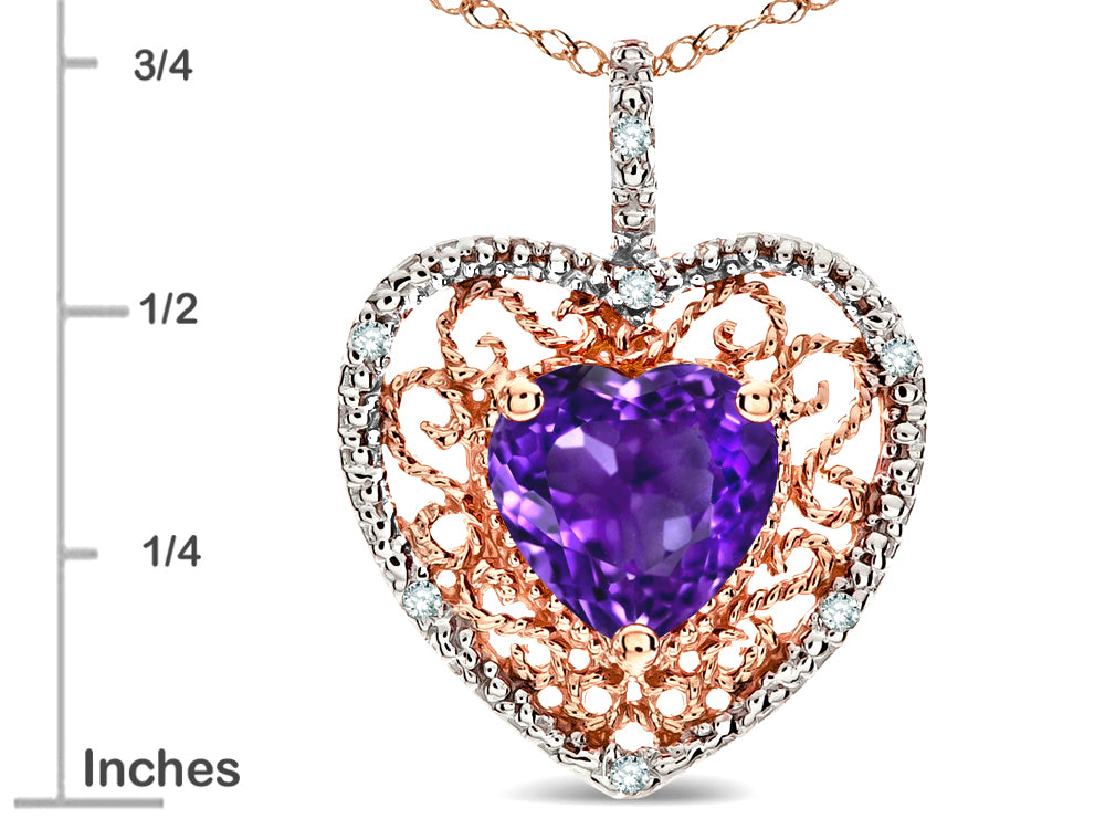 Star K Heart Shape 8mm Genuine Amethyst filigree Heart Pendant Necklace 14k Rose Gold