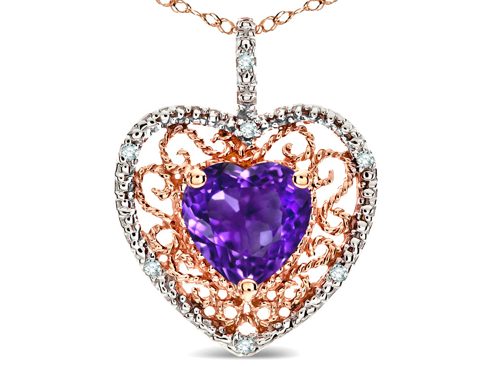 Star K Heart Shape 8mm Genuine Amethyst filigree Heart Pendant Necklace 14k Rose Gold