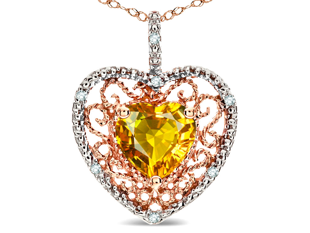 Star K Heart Shape 8mm Genuine Citrine filigree Heart Pendant Necklace 14k Rose Gold