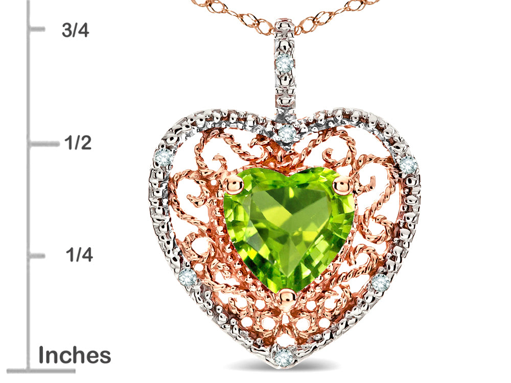 Star K Heart Shape 8mm Genuine Peridot filigree Heart Pendant Necklace 14k Rose Gold