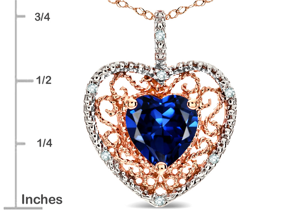 Star K Heart Shape 8mm Created Sapphire filigree Heart Pendant Necklace 14k Rose Gold