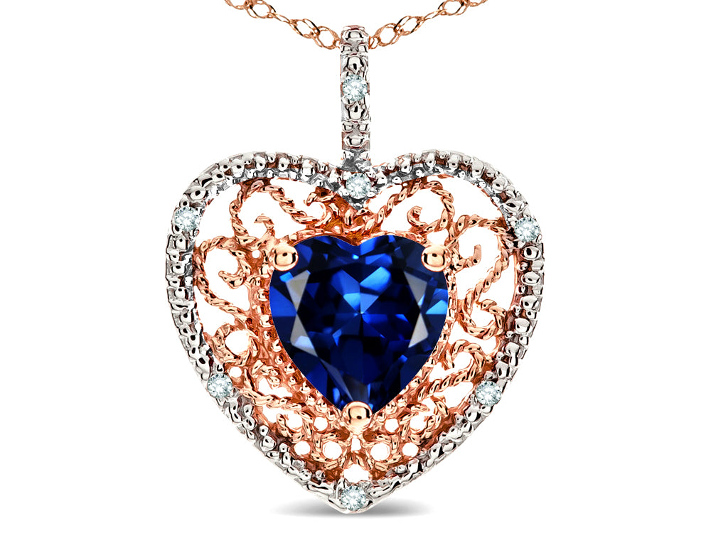 Star K Heart Shape 8mm Created Sapphire filigree Heart Pendant Necklace 14k Rose Gold