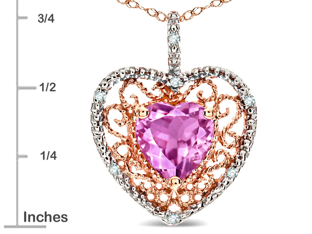 Star K Heart Shape 8mm Created Pink Sapphire filigree Heart Pendant Necklace 14k Rose Gold