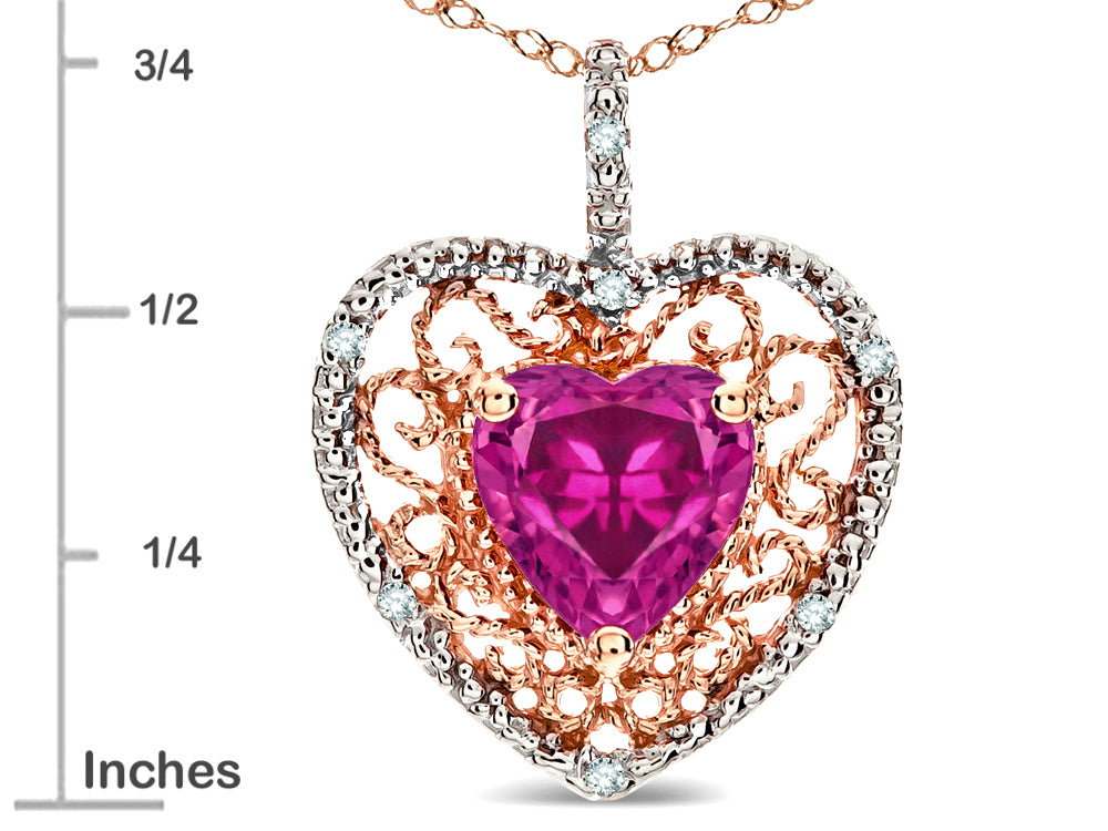 Star K Heart Shape 8mm Simulated Pink Tourmaline filigree Heart Pendant Necklace 14k Rose Gold