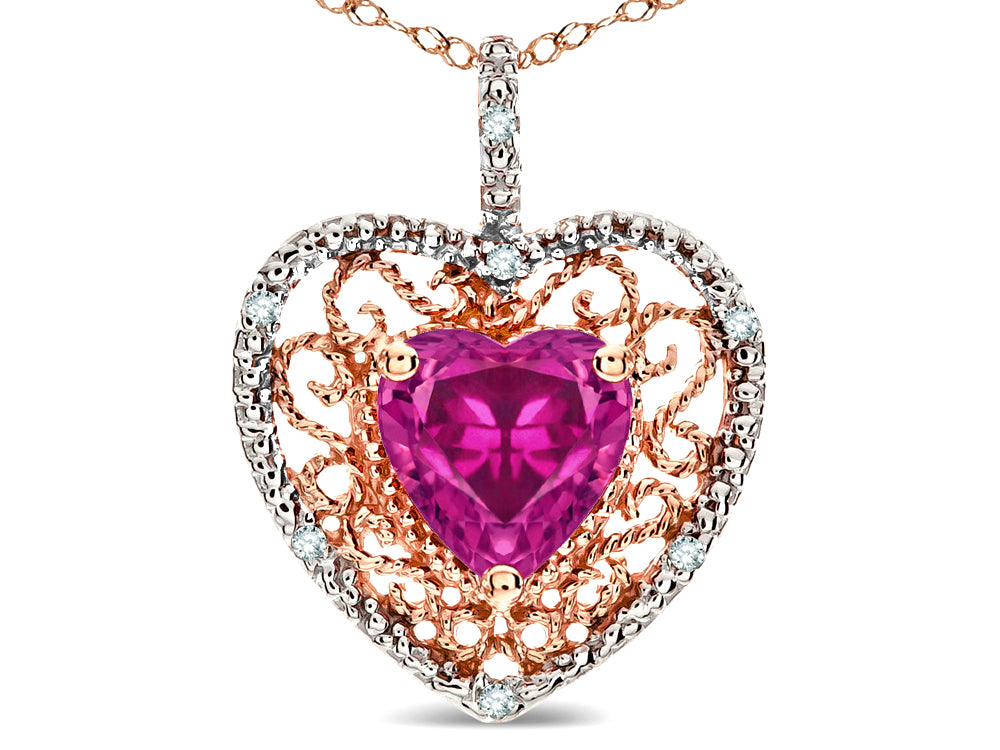 Star K Heart Shape 8mm Simulated Pink Tourmaline filigree Heart Pendant Necklace 14k Rose Gold