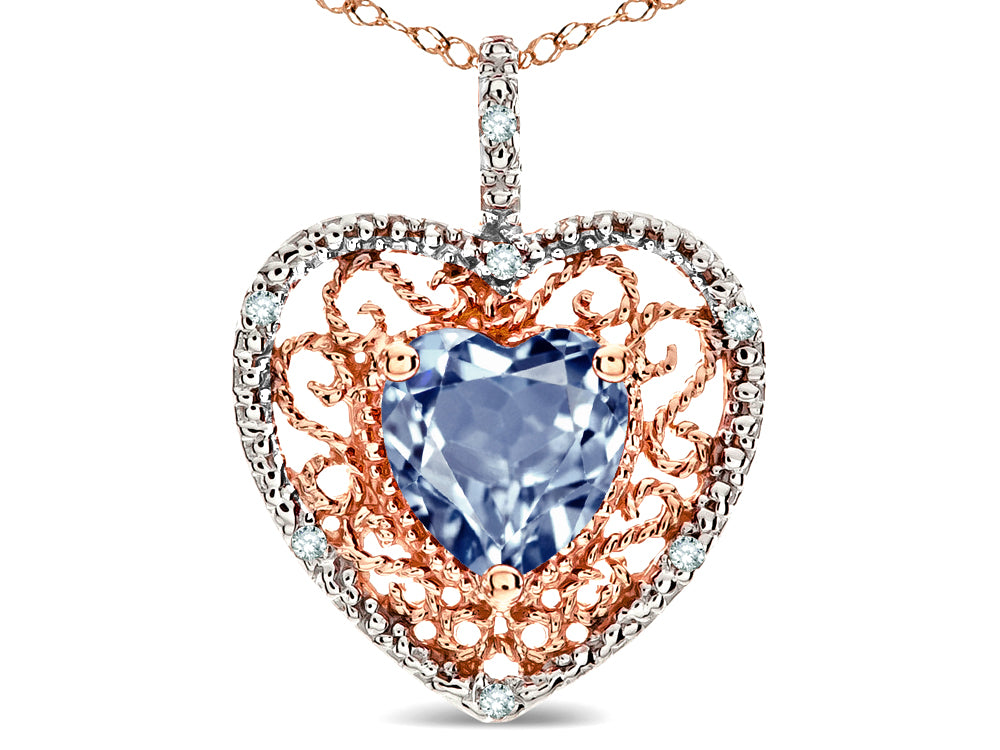 Star K Heart Shape 8mm Simulated Aquamarine filigree Heart Pendant Necklace 14k Rose Gold