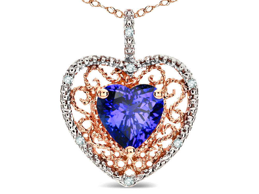 Star K Heart Shape 8mm Simulated Tanzanite filigree Heart Pendant Necklace 14k Rose Gold
