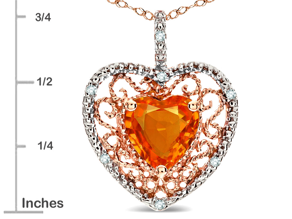 Star K Heart Shape 8mm Simulated Orange Mexican Fire Opal filigree Heart Pendant Necklace 14k Rose Gold