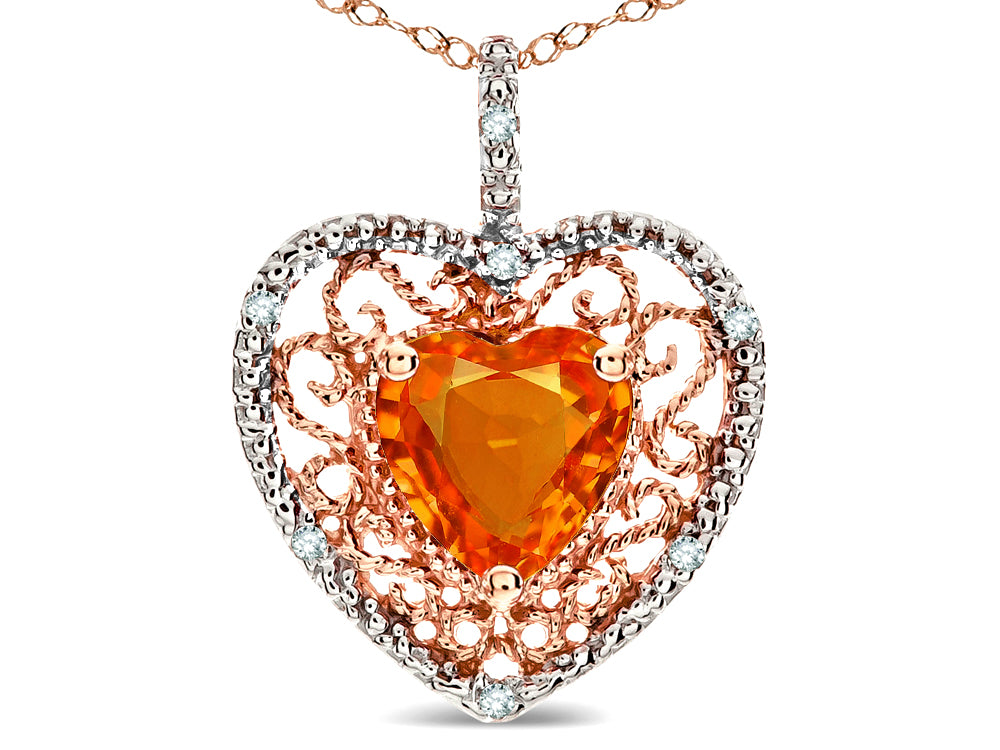 Star K Heart Shape 8mm Simulated Orange Mexican Fire Opal filigree Heart Pendant Necklace 14k Rose Gold