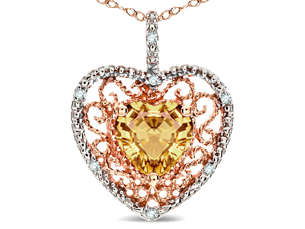 Star K Heart Shape 8mm Simulated Imperial Yellow Topaz filigree Heart Pendant Necklace 14k Rose Gold