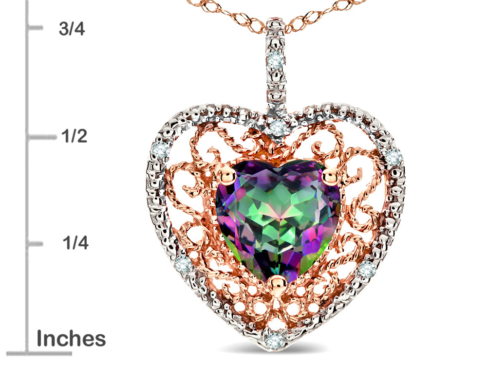 Star K Heart Shape 8mm Rainbow Mystic Topaz filigree Heart Pendant Necklace 14k Rose Gold