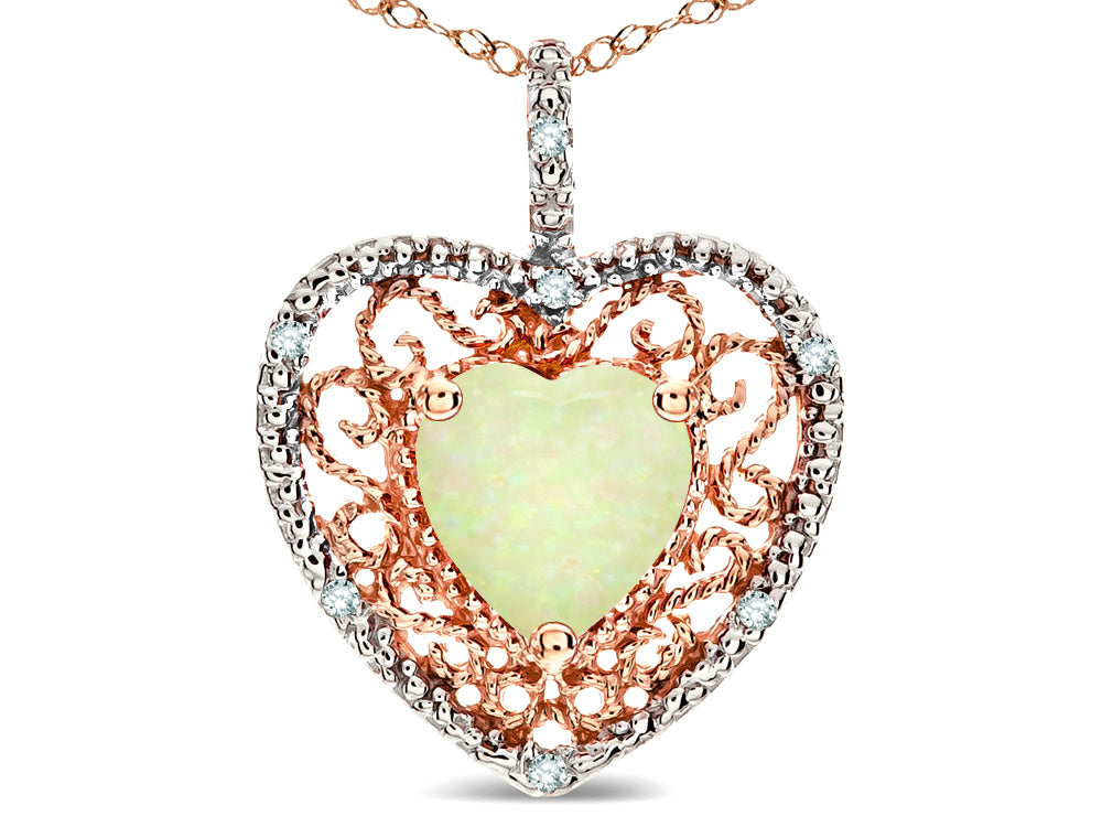 Star K Heart Shape 8mm Created Opal filigree Heart Pendant Necklace 14k Rose Gold
