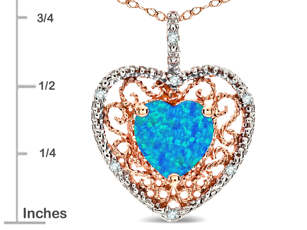 Star K Heart Shape 8mm Blue Created Opal filigree Heart Pendant Necklace 14k Rose Gold